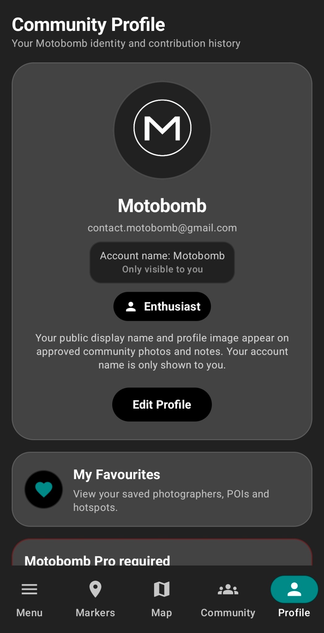 Motobomb screenshot showing community profile