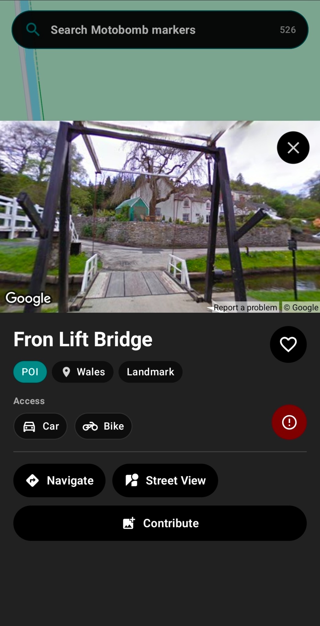 Motobomb screenshot showing street view
